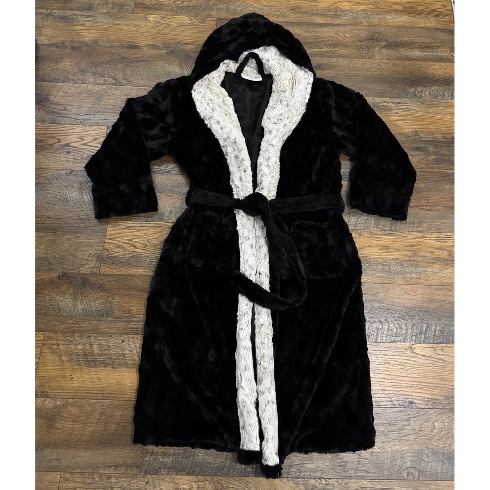 Minky Couture Hooded Plush Robe Black S/M Soft Faux Fur Belted Cozy